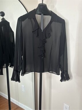 Chaps Black Ruffle Front Long Sleeve Sheer Blouse Size 14